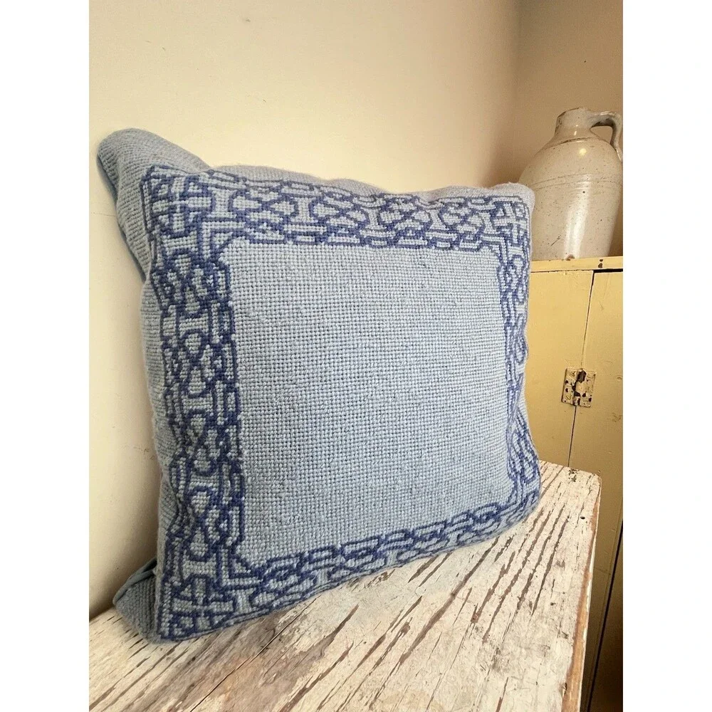 Vintage Blue On Blue Woven Nordic Border Pattern Needlepoint Throw Pillow 15”